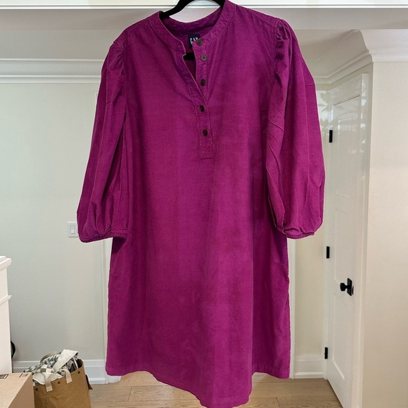 GAP Magenta Puff Sleeve Pinwale Corduroy Mini Shift Dress - Size XL - Picture 7 of 14